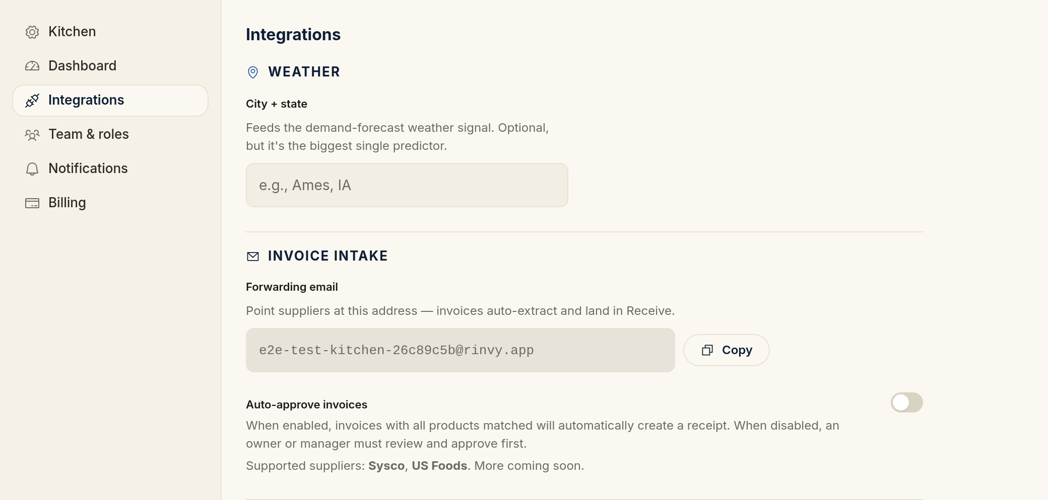 The Integrations settings panel showing the Weather city-and-state field, the invoice forwarding email with a Copy button, and the Auto-approve invoices toggle