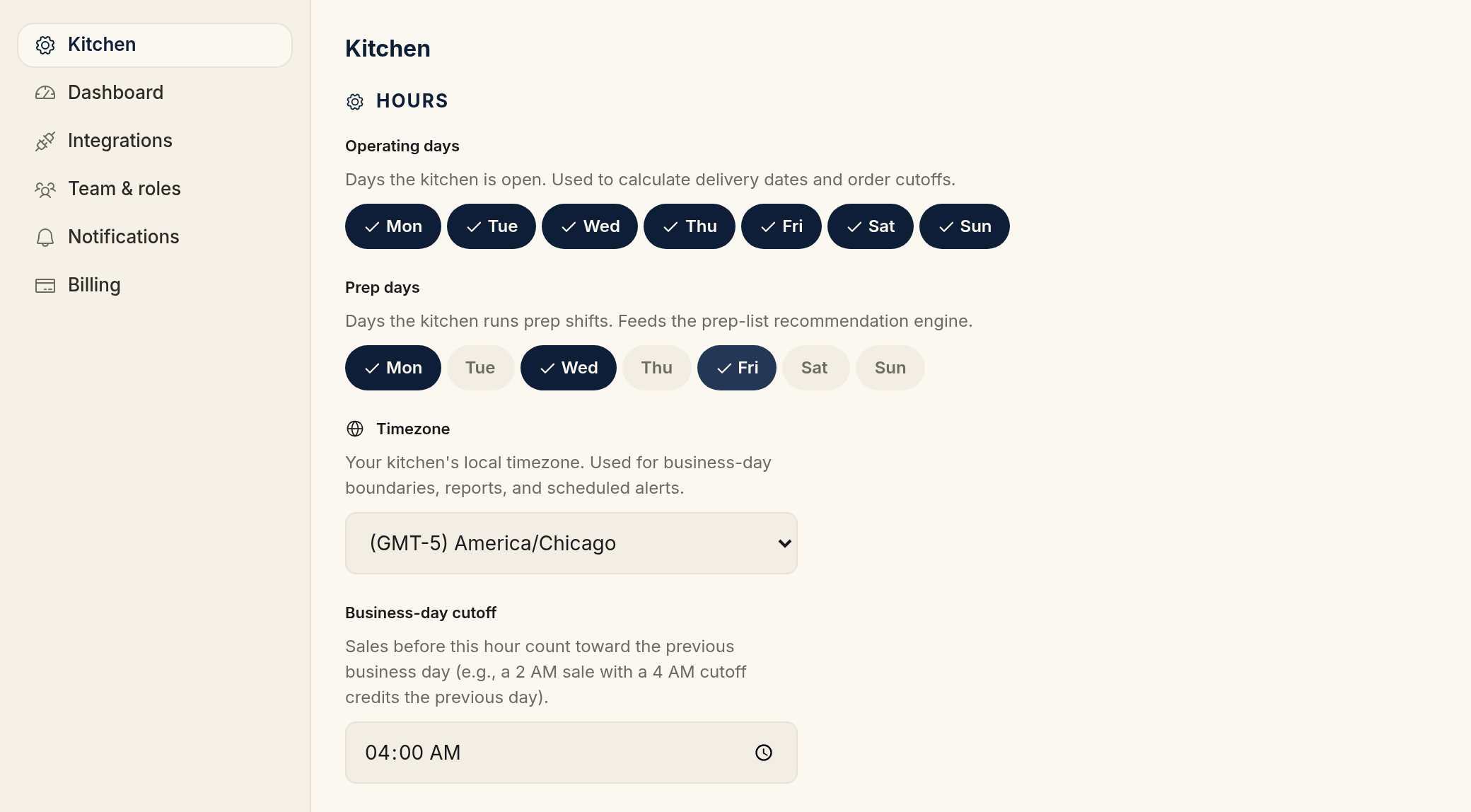 The Kitchen settings panel with the left section nav and the Hours block: Operating days and Prep days chips, the timezone dropdown, and the business-day cutoff time