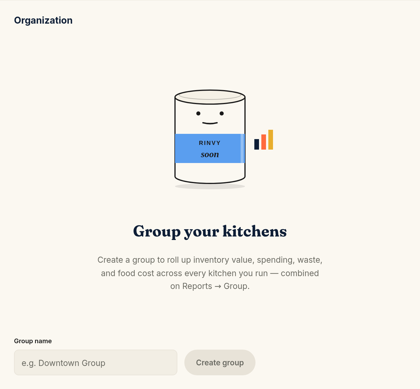 The Organization section's empty state, showing the Group name field and Create group button under the "Group your kitchens" prompt