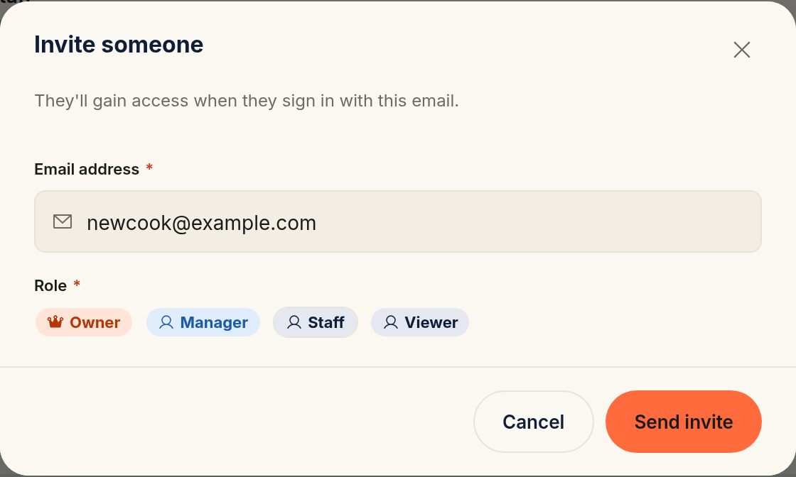 The "Invite someone" dialog with an email address entered, a Role picker showing Owner, Manager, Staff, and Viewer, and the "Send invite" button