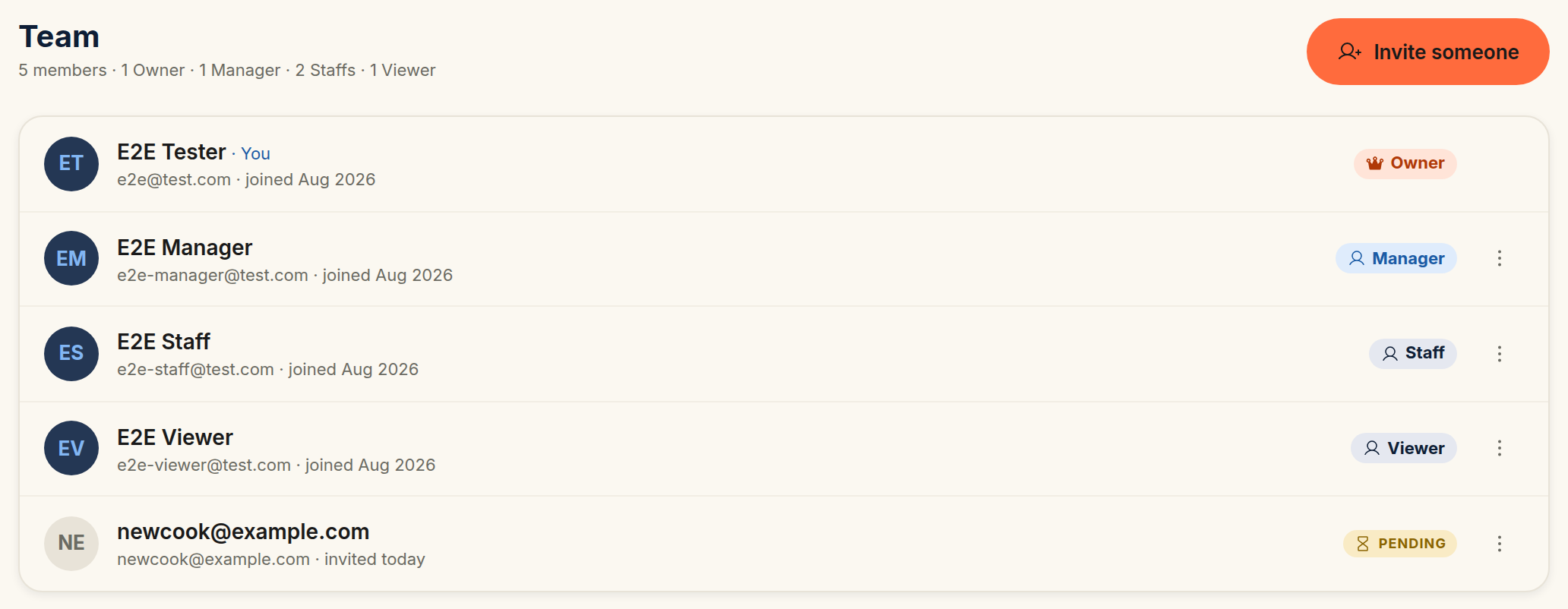 The User management screen listing team members with Owner, Manager, Staff, and Viewer role chips, a pending invite marked "Pending", and the "Invite someone" button