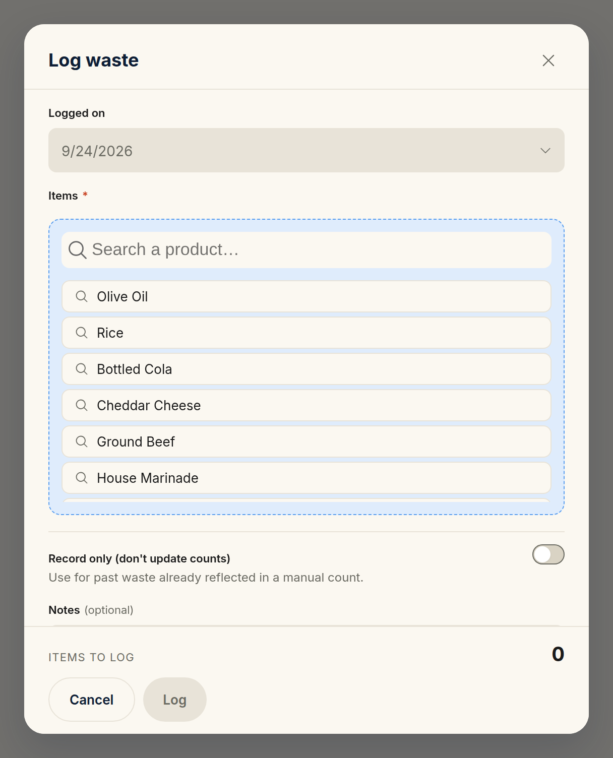 The Log waste draft open on the product picker: a "Search a product…" box above a list of catalog products — Olive Oil, Rice, Bottled Cola, Cheddar Cheese, Ground Beef, House Marinade — each one starting a new line when tapped.