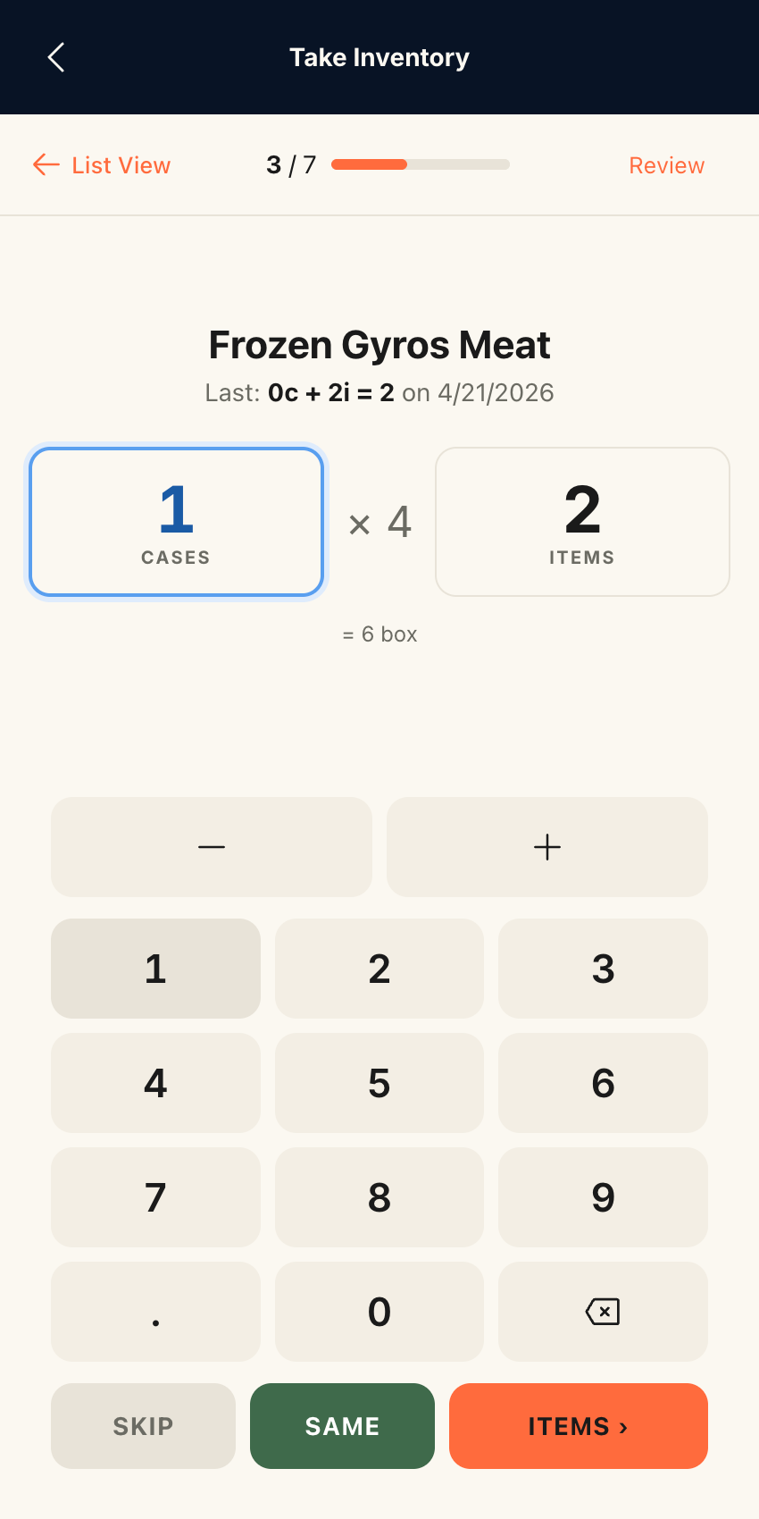 Rinvy inventory counting screen on mobile — active session with category progress