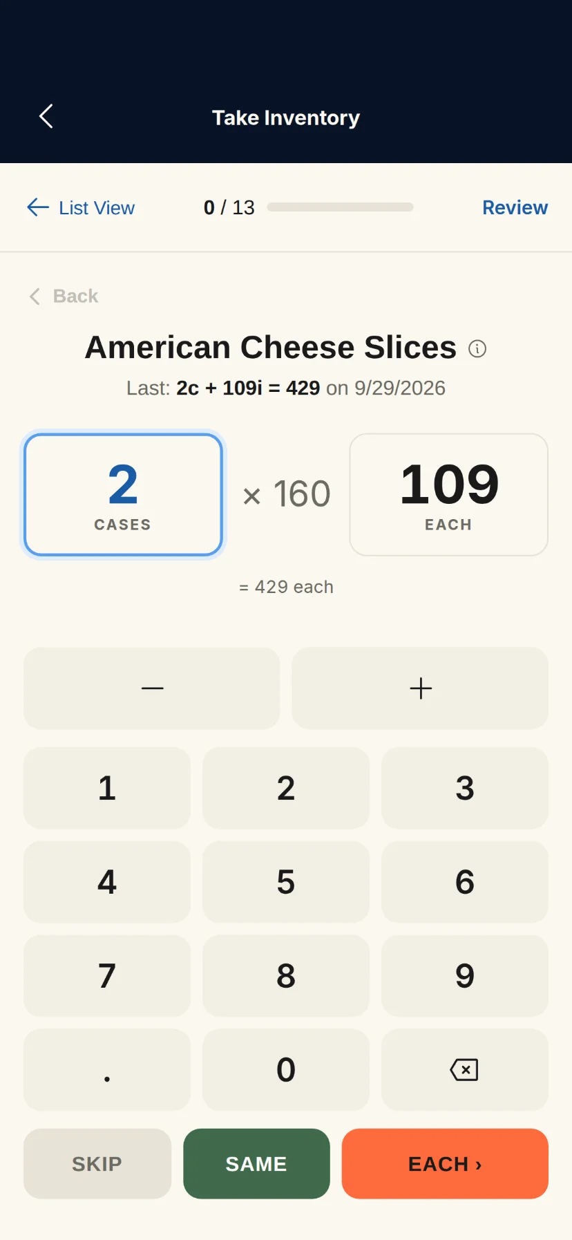 Rinvy inventory counting on mobile — Speed mode, one product at a time with cases and each on a keypad
