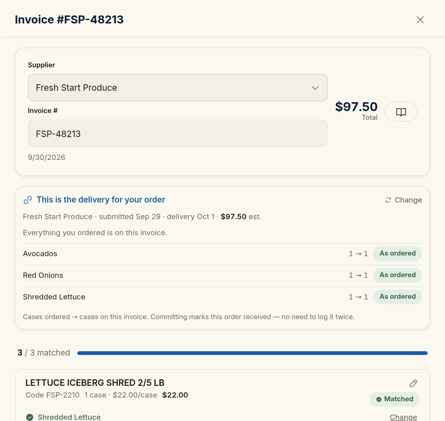 Rinvy invoice review — a photographed produce invoice matched to its order, every line matched to a product