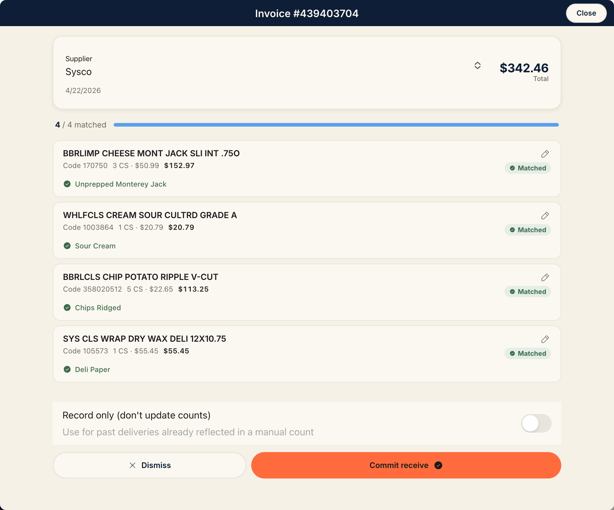Rinvy invoice ingestion — extracted line items from a supplier PDF, matched to products