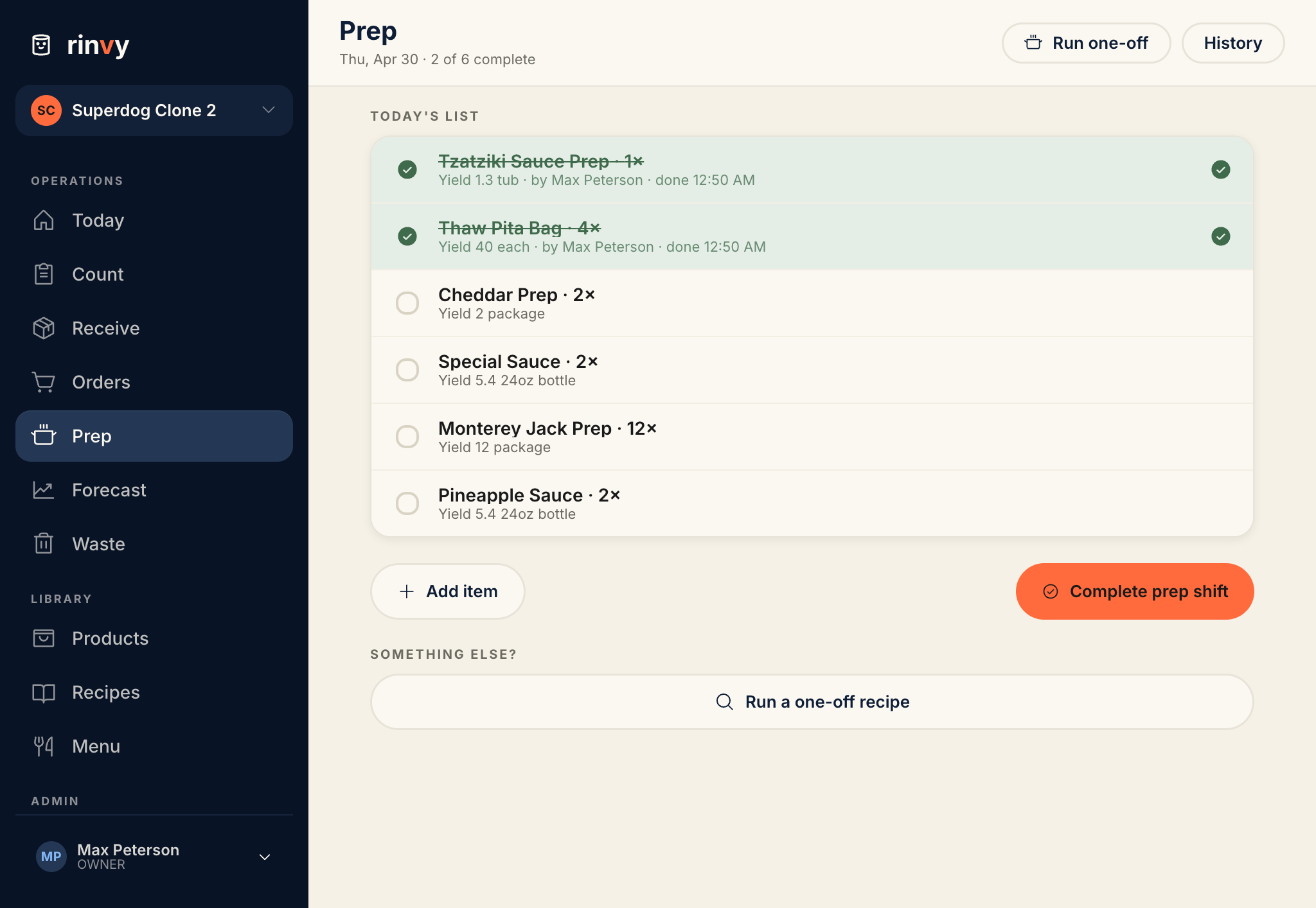 Rinvy prep list — approved shift with batch recommendations by recipe